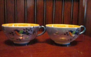 Vintage Japan Lusterware Teacups Set of 2 Hand Painted Birds on a Branch VGC 2