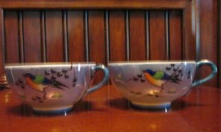 Vintage Japan Lusterware Teacups Set of 2 Hand Painted Birds on a Branch VGC 3