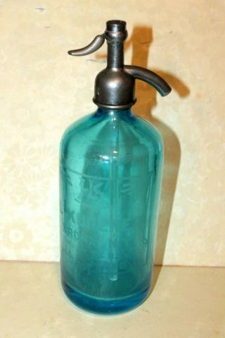Vintage Art Deco Blue Castle Seltzer Bottle Made Czech L.  Kurzne Bronx Ny 25oz