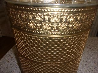 Vintage Hollywood Regency metal Gold Brass Acrylic Waste Basket Trash Can Roses 3