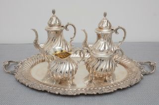 Sterling Silver Vintage Tea Set: Teapot,  Coffee Pot,  Sugar,  Creamer,  Tray,  3705g