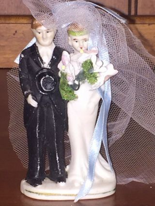 Vintage 1930s Bisque Bride And Groom Wedding Cake Topper Made In Japan