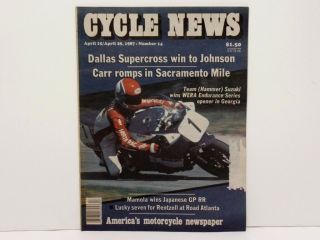 Cycle News Newspaper April 15/april 29,  1987 - Team Hammer Wera Rentzell Mamola