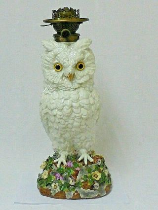 Huge Victorian Sitzendorf Snowy Owl Duplex Oil Lamp