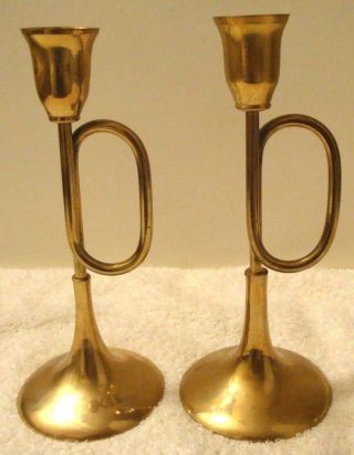 Pair Solid Brass Taper Candlestick Holder Bugle Instrument Current Inc Vintage