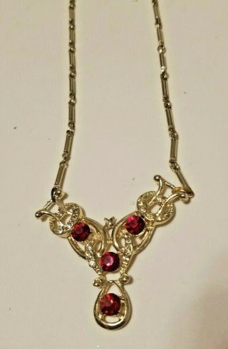 Stunning Vintage 1950s Ruby Red & Ab Rhinestone Gold Tone 18 " Necklace