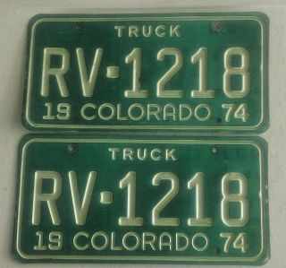 Matching Pair 1974 Colorado Truck License Plates,  Rv - 1218,  Green & White