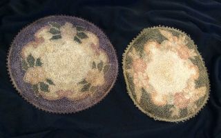 2 Antique Dollhouse Miniature Handmade French Knot Round Rug Flowers Floral 6 "