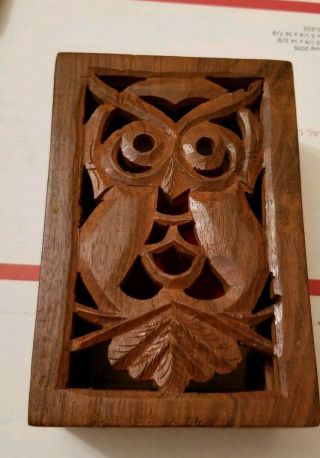 Vintage Intricate Carved Wood Trinket Box Hand - Carved Owl India