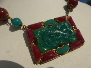 Truly Vintage Art Deco Czech Green Jadeite Carnelian Glass Necklace
