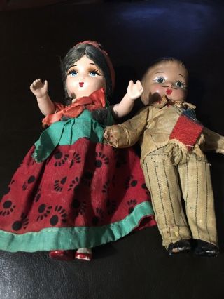 Vintage Antique Mexican Boy And Girl Dolls Composition Jointed Doll 7” Very Rare
