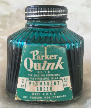 Vintage Parker Quink Fountain Pen Ink Bottle Permanent Green 2/3 Full