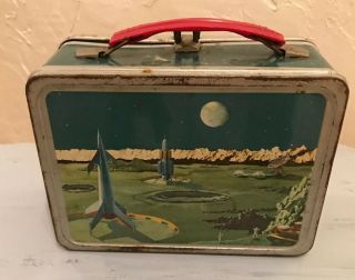 Vintage Tin Litho Lunchbox Outer Space Rocket Ship Moon Landing