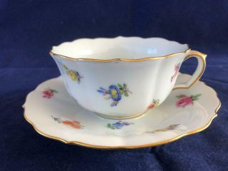 Fine Antique Meissen Porcelain Hand Painted Floral Cup And Saucer.  1
