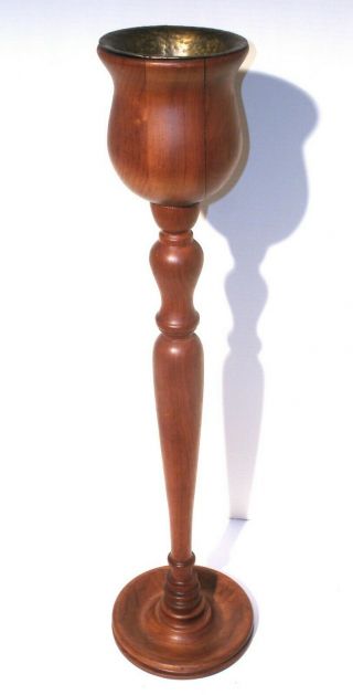 Vintage Wood Pedestal Ashtray Hammered Brass