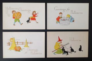 Vintage Halloween Postcards (4) Fairman Series 6929 - Children,  Witch,  Jol