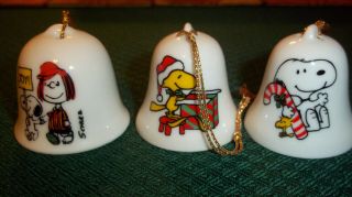 Three Vintage Snoopy Ceramic Bells - Christmas Ornament 1” Mini Bells 1958