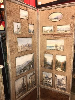 Antique 4 Panel Screen With 29 Water Color Paintings