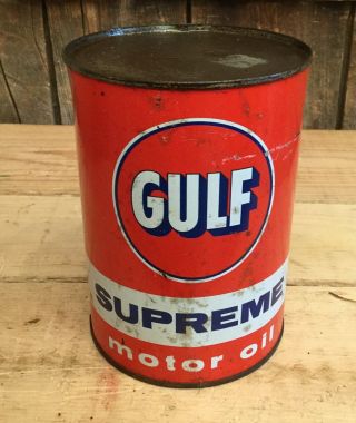 Vintage Nos 1 Quart Gulf Motor Oil Tin Can Gas Service Station Sign