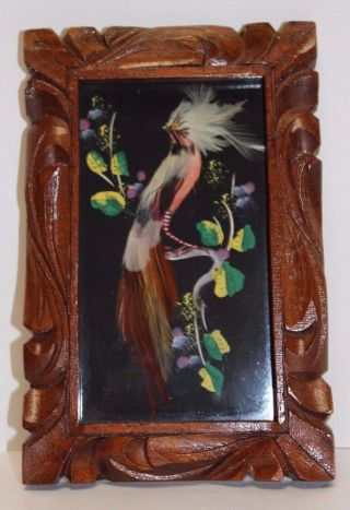 Vintage Colorful Mexican Feather Craft Bird Picture,  Carved Wood Frame,  Small