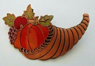 Vintage Copper Thanksgiving Pumpkin Cornucopia Horn Of Plenty Brooch Pin Jewelry