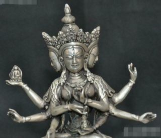 Old Tibet Buddhism Silver 3 Head 8 Arms Namgyalma & Ushnishavijaya Buddha Statue 2