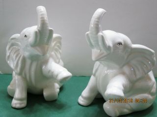Vintage Elephant Figurine White Porcelain Elephant Twins Trunks Up