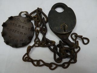 Rare Antique Padlock & Chained Us Army Unit Tag Co.  F 9th Regiment Uniform Room