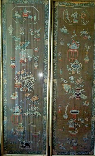 65 " Pair Antique Chinese Embroidery Panels Scholars Objects Qing Silk Needlwork