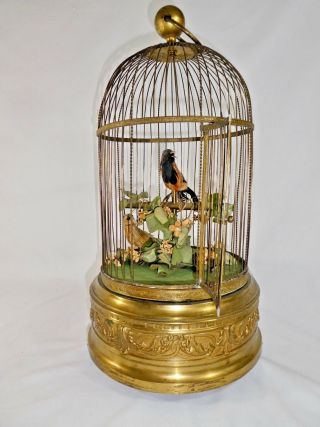 Antique Bontems Automaton 2 Singing Birds In Cage W/door.  Key.  23”h 1860.
