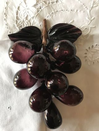 Vintage Large Purple Hand Blown Glass Grapes Cluster Mid Century STUNNING 2