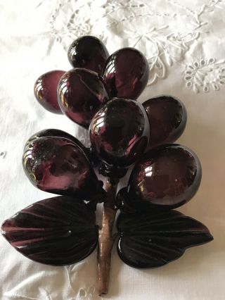 Vintage Large Purple Hand Blown Glass Grapes Cluster Mid Century STUNNING 3