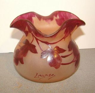 Antique Legras French Cameo Glass Vase Bowl W/ Red Leaves