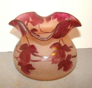 Antique Legras French Cameo Glass Vase Bowl w/ Red Leaves 2
