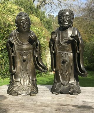 Pair Chinese 18th 19th Century Bronze Immortal Buddha Qing Dynasty Wearing Robes