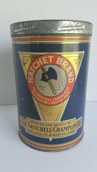 Antique Tin Can Hatchet Brand Coffee 1lb With Lid Boston Massachusetts