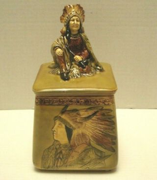Indian Chief Buffalo Headdress Majolica Humidor Art Pottery Lidded Tobacco Jar