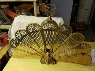 Vintage Gargoyle Fold Out Brass Fan Fireplace Screen Phoenix