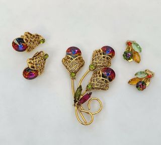 Vintage Watermelon Rainbow Rivoli Rhinestone Flower Brooch Pin And Earrings Set
