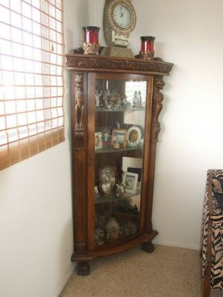 Antique Carved Oak Corner China Curio Cabinet – Curved Glass