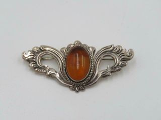Vintage Antique Art Nouveau Sterling Silver Baltic Amber Pin