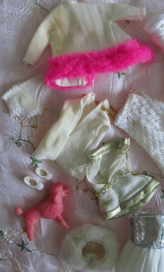 Vintage 1970s Topper Dawn white fluffy outfits clothing bundle with Pink Poodle 3