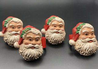 Set Of 4 Vintage Wood Resin Christmas Old World Santa Claus Napkin Rings Holida