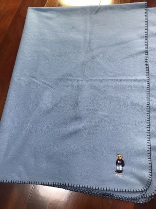 Vintage Polo Ralph Lauren Polo Bear Fleece Throw Blanket Made In Usa 50x68 Blue