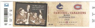 2008 - 09 Montreal Canadiens Nhl Hockey Ticket Vs Canucks Jean Beliveau 89/100