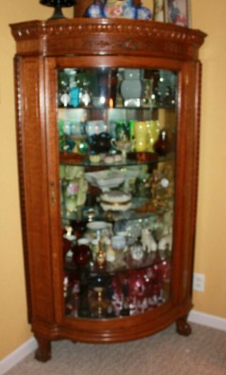 Large Antique Ornate Oak Curved Glass Corner China Cabinet