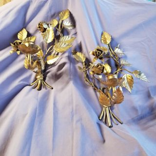 Pair Vintage Italian Gold Gilt Tole Leaves Flower Candle Wall Sconces 12” Metal