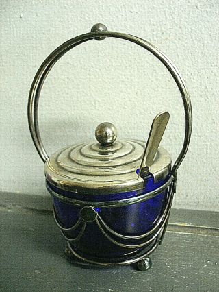 Vintage Art Deco English Cobalt Blue Glass Jam Jar In Chrome Holder With Spoon