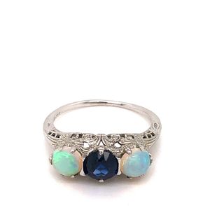 Antique Sapphire & Opal Three Stone 18k Wt Gold Ring Art Deco Era Middle Eastern