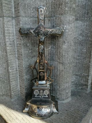 Antique Vintage Ornamental Art Nouveau Metal Altar Standing Crucifix Cross Jesus